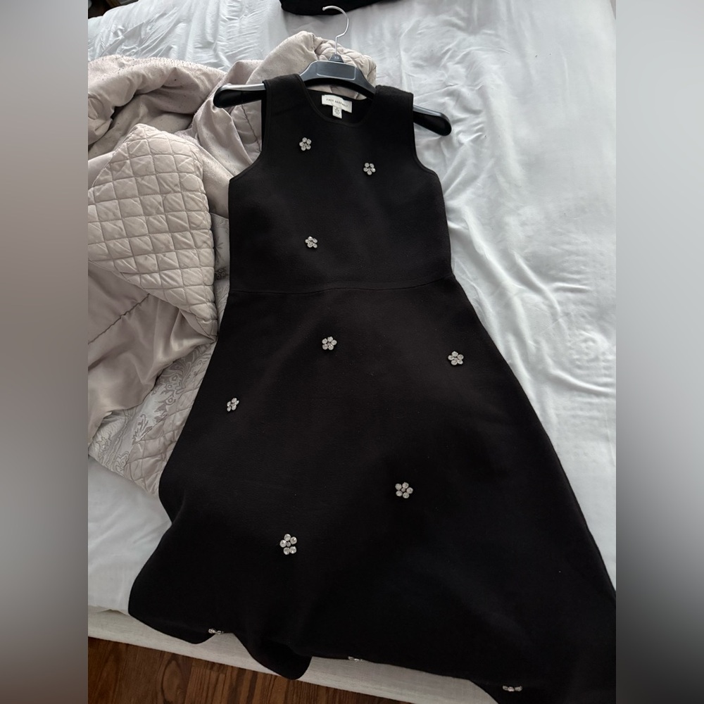 Black Sleeveless A line Sweater Dress with Floral Accent Stones
